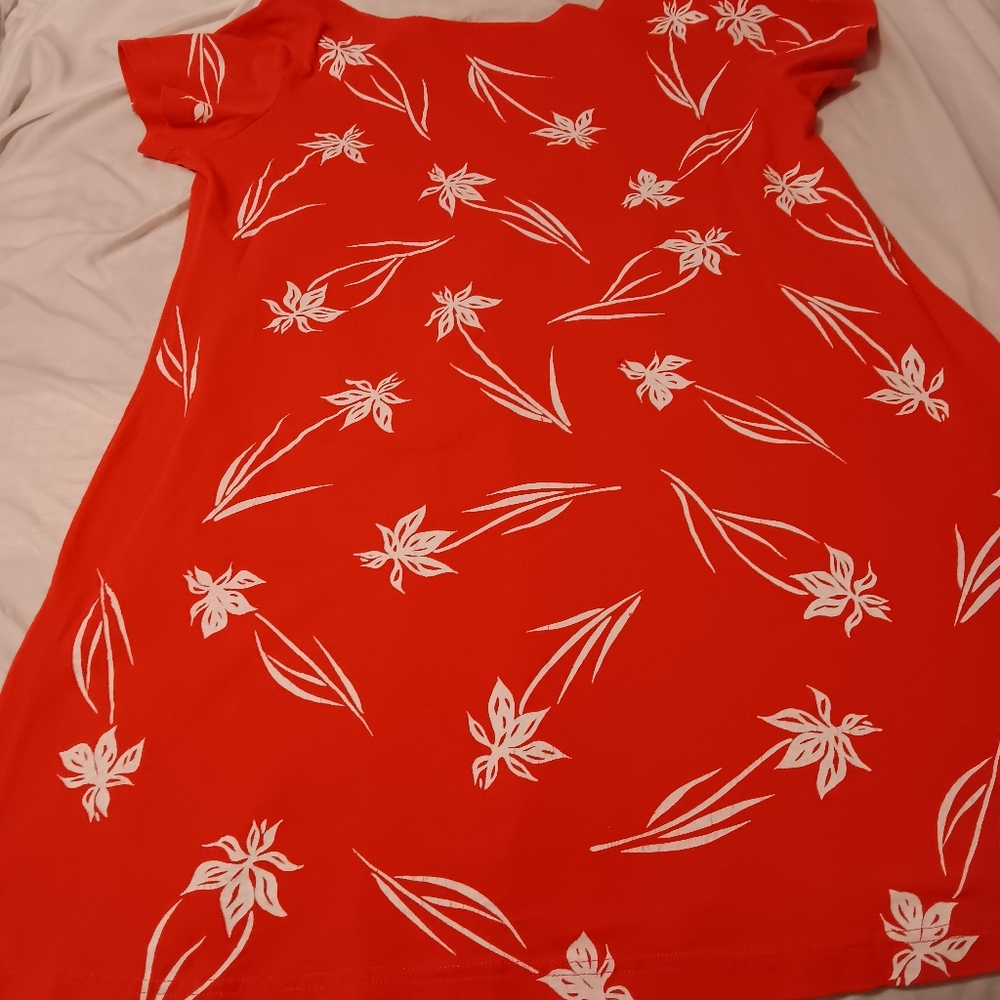 M Mac Coral  Red Dress with White Floral Design
